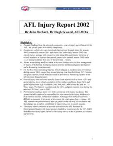 AFL Injury Report 2002 Dr John Orchard, Dr Hugh Seward, AFLMOA Highlights: •  •