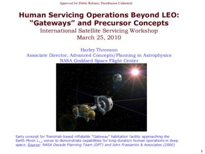 Approved for Public Release; Distribution Unlimited.  Human Servicing Operations Beyond LEO: “Gateways” and Precursor Concepts International Satellite Servicing Workshop March 25, 2010