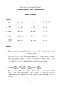 International Mathematical Olympiad Preliminary Selection Contest — Hong Kong 2006 Outline of Solutions  Answers: