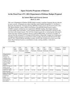 Space Security Programs of Interest in the Fiscal Year (FYDepartment of Defense Budget Proposal By Samuel Black and Victoria Samson March 23, 2010 This year’s Department of Defense (DOD) budget contains a number