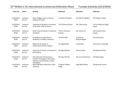 23rd Willem C Vis International Commercial Arbitration Moot Time slot Tuesday ScheduleRoom