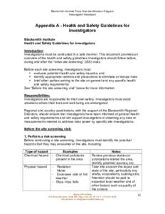 Blacksmith Institute Toxic Site Identification Program Investigator Handbook Appendix A - Health and Safety Guidelines for Investigators 	
  