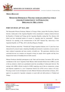 MINISTRY OF FOREIGN AFFAIRS Government of the Republic of Trinidad and Tobago MEDIA RELEASE  MINISTER DOOKERAN THANKS AMBASSADOR SALVIOLO