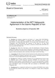GOVImplementation of the NPT Safeguards Agreement in the Islamic Republic of Iran - Resolution