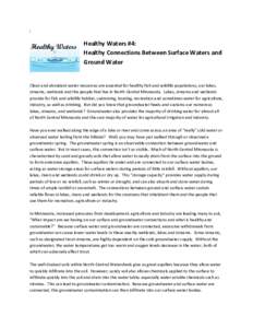 Healthy Waters #4: Healthy Connections Between Surface Waters and Ground Water Clean and abundant water resources are essential for healthy fish and wildlife populations, our lakes, streams, wetlands and the people that 