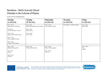 Barcelona – Berlin Summer School Diversity in the Cultures of Physics Course Plan for UAB Barcelona Monday 17. July 2017