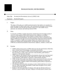 PROGRAM POLICIES AND PROCEDURES  Policy Title: Providing Non-Discriminatory Services to LGBTQ Youth
