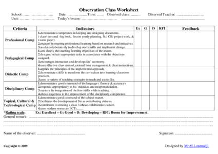 Observation Class Worksheet School: ………………….… Unit: …………………..….... Criteria