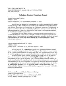 EHO CASE SUMMARIES FOR WSBA ENVIRONMENT & LAND USE LAW NEWS LETTER NOV 2009 EDITION Pollution Control Hearings Board Green v. Ecology and Walt Cox