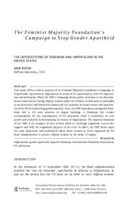 The Feminist Majority Foundation’s Campaign to Stop Gender Apartheid THE INTERSECTIONS OF FEMINISM AND IMPERIALISM IN THE UNITED STATES ANN RUSSO