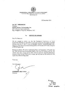 PRESIDENTIAL COMMISSION ON GOOD GOVERNMENT No. 82 iRC Bldg., Epifanio delos Santos Avenue (EDSA), Mandaluyong City 05 December 2014