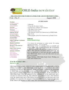 OSLE-India newsletter ORGANISATION FOR STUDIES IN LITERATURE AND ENVIRONMENT-INDIA Vol. 1 No. 9 President Nirmal Selvamony