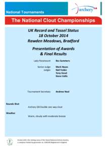 National Tournaments  The National Clout Championships UK Record and Tassel Status 18 October 2014 Rawden Meadows, Bradford