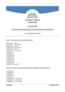 Northern Ireland Assembly Justice Bill Provisional Grouping of Amendments Selected [FOR CONSIDERATION STAGE]