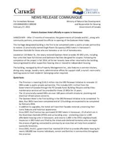 NEWS RELEASE COMMUNIQUÉ For Immediate Release 2015MNGD0012[removed]February 27, 2015  Ministry of Natural Gas Development