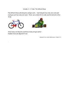 Grades	
  3	
  –	
  5	
  Task:	
  The	
  Wheel	
  Shop	
   	
   The	
  Wheel	
  Shop	
  sells	
  bicycles	
  and	
  go-­‐carts.	
  	
  	
  Each	
  bicycle	
  has	
  only	
  one	
  seat	
  and