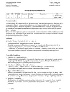 Universidad Central de Venezuela Facultad de Ciencias Escuela de Computación Licenciatura en Computación  Plan de Estudios 2000