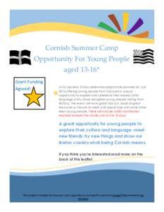 Cornish Summer Camp Opportunity For Young People aged 13-16* Grant Funding Agreed!