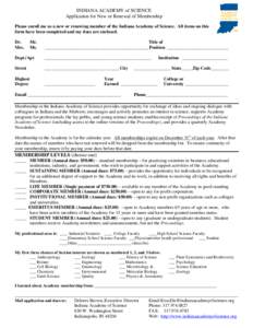 INDIANA ACADEMY OF SCIENCE APPLICATION FOR NEW MEMBERSHIP