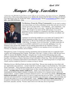 April[removed]Hangar Flying Newsletter A Publication of the JBLM McChord Field Retiree Activities Office for Air Force Retirees, their spouses and survivors. Department of the Air Force, 100 Joe Jackson Blvd, Customer Serv