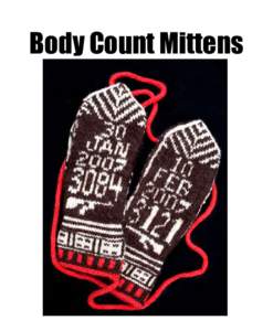 Body Count Mittens  Body Count Mittens These mittens memorialize the number of American soldiers killed in Iraq at the time the mittens are made. Since the numbers escalate daily, each mitten has a different number and