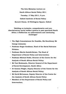 1  The Zola Skweyiya Lecture on South African Social Policy 2011 Tuesday, 17 May 2011, 5 p.m. Oxford Institute of Social Policy