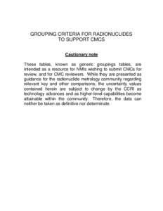 GROUPING CRITERIA FOR RADIONUCLIDES TO SUPPORT CMCS Cautionary note These tables, known as generic groupings tables, are intended as a resource for NMIs wishing to submit CMCs for review, and for CMC reviewers. While the