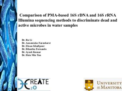 Comparison of PMA-based 16S rDNA and 16S rRNA Illumina sequencing methods to discriminate dead and active microbes in water samples Dr. Ru Li Dr. Annemieke Farenhorst