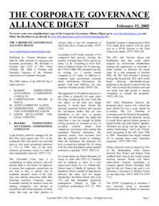 THE CORPORATE GOVERNANCE ALLIANCE DIGEST February 15, 2005 To receive your own complimentary copy of the Corporate Governance Alliance Digest, go to www.thevaluealliance.com and follow the directions or go directly to ww