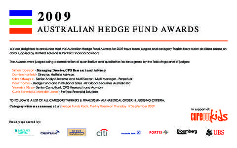 2009 AUSTRALIAN HEDGE FUND AWARDS We are delighted to announce that the Australian Hedge Fund Awards for 2009 have been judged and category finalists have been decided based on data supplied by Hatfield Advisors & PerTra