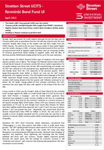 Stratton Street UCITS Renminbi Bond Fund UI April 2015 • The Fund’s USD I Class gained 2.03% over the month • Treasury yields stumbled despite little insight from FOMC’s statement • Slightly weaker data from Ch