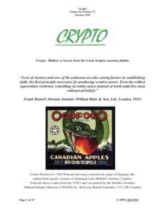 Bigfoot / Cryptozoology / Cryptozoologists / Canadian folklore / Cryptids / Cryptofiction / Loch Ness Monster / Loren Coleman / Jacko / Loch Ness / Sea serpent / Ren Dahinden
