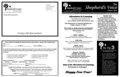 JanuaryAdventures in Learning A free program of the Shepherd’s Center held the third Friday of every month at