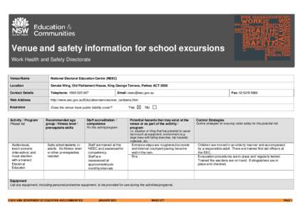 Venue and safety information for school excursions