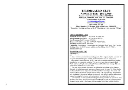 TEMORAAERO CLUB NEWSLETTER JULY20 10 Temora Airport (Tenefts Street) Phone: PO Box 206, TEMORA, NSW, 2666 FaxFlying Training: www.temoraaeroclub.com