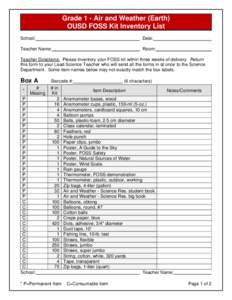 Microsoft Word - FOSS Kit Inventory List - Grade 1 - Air and Weather (Earth)