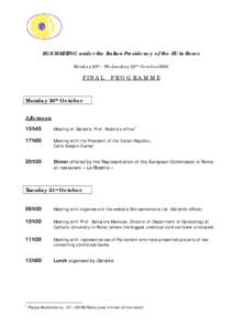 EGE MEETING under the Italian Presidency of the EU in Rome Monday 20th – Wednesday 22nd October 2003 FINAL  PROGRAMME