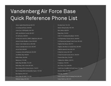 Vandenberg Air Force Base Quick Reference Phone List