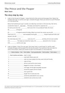 Elementary Level	  Listening Worksheet The Prince and the Pauper Mark Twain
