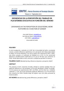 EDUTEC. Revista Electrónica de Tecnología Educativa. NúmSeptiembreDIFERENCIAS EN LA PERCEPCIÓN DEL TRABAJO EN PLATAFORMA EDUCATIVA EN FUNCIÓN DEL GÉNERO DIFFERENCES IN THE PERCEPTION OF EDUCATIONAL WO