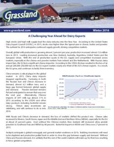 www.grassland.com  Winter 2016 A Challenging Year Ahead for Dairy Exports High stocks and high milk supply lead the dairy industry into the New Year. According to the United States
