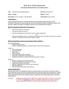 Bear River Health Department Secretary/Receptionist Job Description Title: Tremonton Secretary/Receptionist