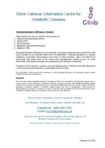 Climb National Information Centre for Metabolic Diseases Tetrahydrobiopterin Deficiency - General • •