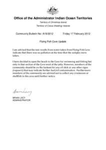 Office of the Administrator Indian Ocean Territories Territory of Christmas Island Territory of Cocos (Keeling) Islands Community Bulletin No: A19/2012