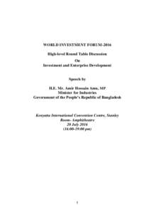 WORLD INVESTMENT FORUM-2016 High-level Round Table Discussion On Investment and Enterprise Development  Speech by