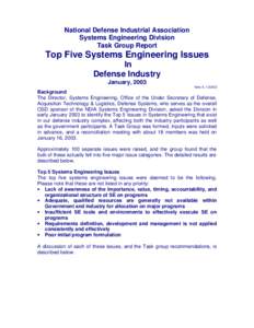 National Defense Industrial Association Systems Engineering Division Task Group Report Top Five Systems Engineering Issues In