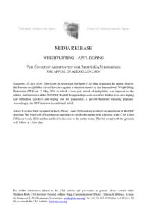 Tribunal Arbitral du Sport  Court of Arbitration for Sport MEDIA RELEASE WEIGHTLIFTING – ANTI-DOPING
