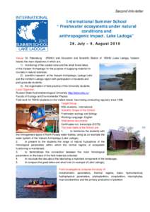 Second Info-letter  International Summer School “ Freshwater ecosystems under natural conditions and anthropogenic impact. Lake Ladoga”