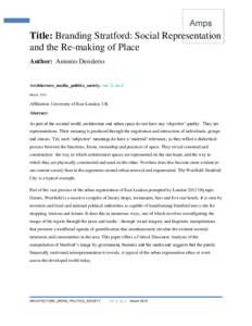 1  Title: Branding Stratford: Social Representation and the Re-making of Place Author: Antonio Desiderio