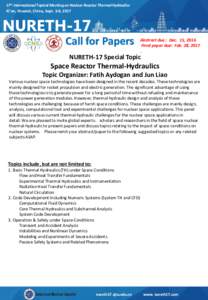 17th International Topical Meeting on Nuclear Reactor Thermal Hydraulics Xi’an, Shaanxi, China, Sept. 3-8, 2017 Call for Papers  Abstract due : Dec. 15, 2016